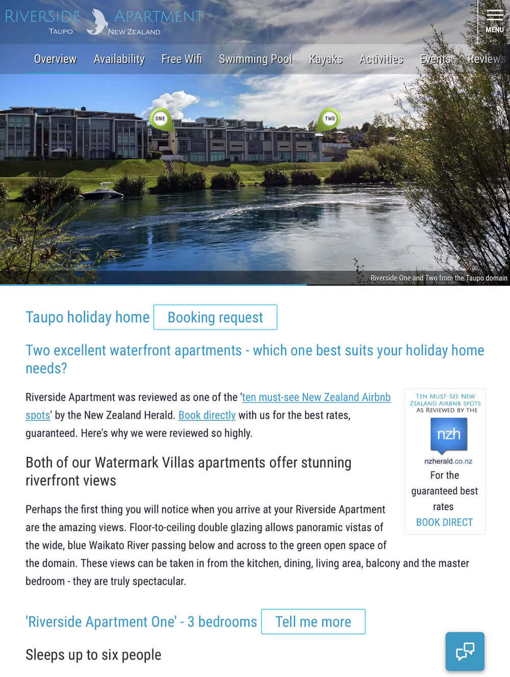 Riverside Apartment, Taupo Accommodation website by Piccante Web Design